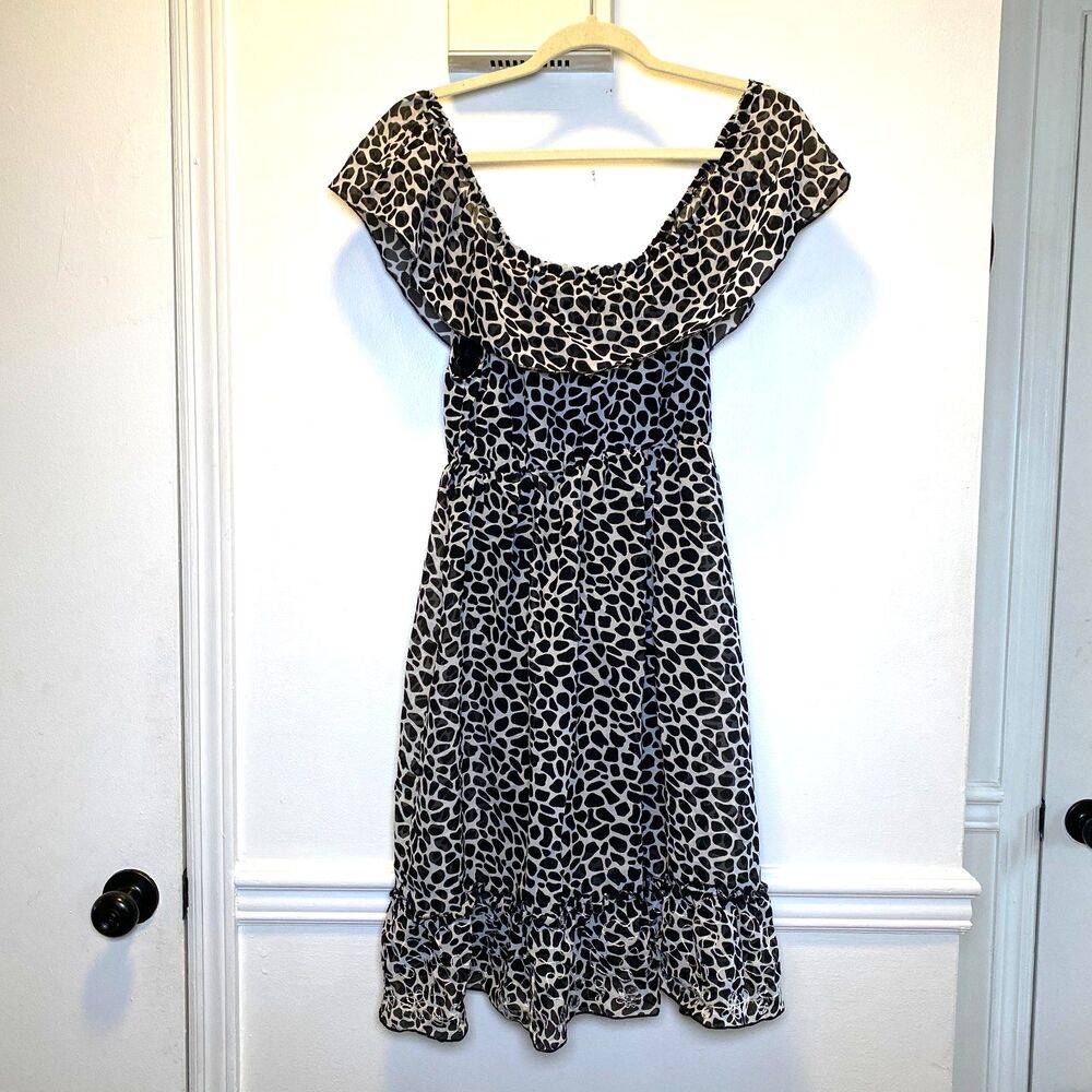 Pink Apple Women’s Dress L Black White Animal Print Off Shoulder Ruffle Hem
